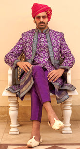 Exclusive latest Purple designer mens indowestern sherwani kurta in pure pv silk and foil print with handwork